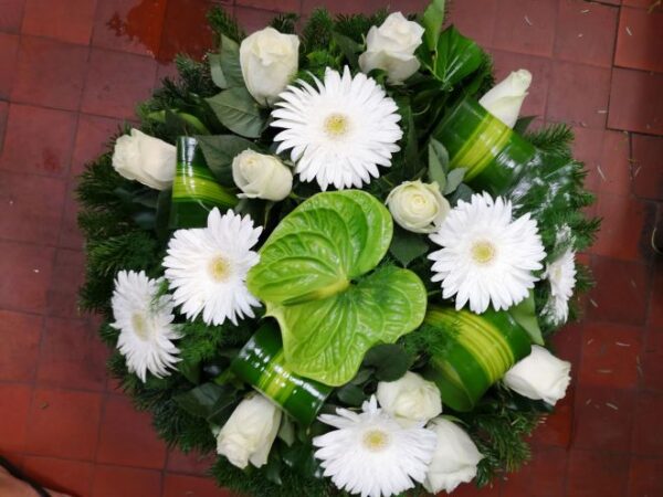 fekvő koszorú fehér rózsa, fehér nagyfejű gerbera, zöld anthurium levél díszítéssel