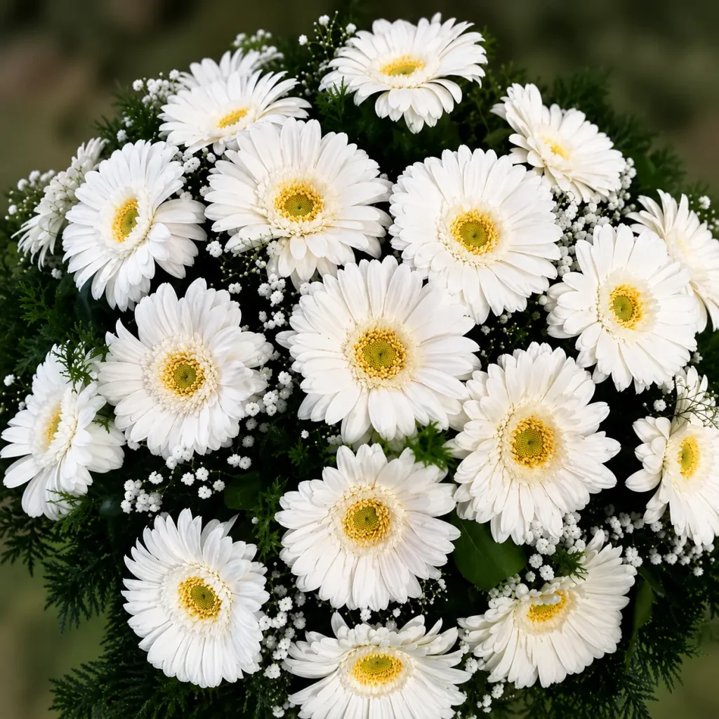 A fekvő koszorú fehér nagyfejű gerbera felhasználásával készül. Választható több színben és méretben!
